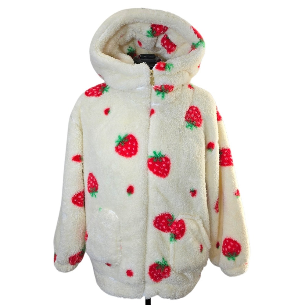 Strawberry Print Sherpa Fleece Hoodie Zip Up Jacket Cream XL Kawaii Teddy Bear‎